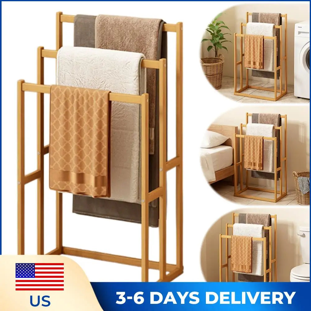 Wooden Vertical Towel Rack with 3 Hanging Crossbars
