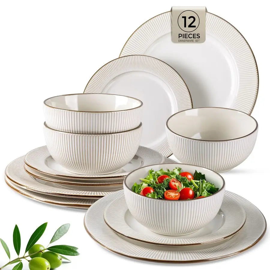 12 pcs Embossed Elegant Stoneware Plates and Bowls Sets