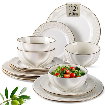 12 pcs Embossed Elegant Stoneware Plates and Bowls Sets