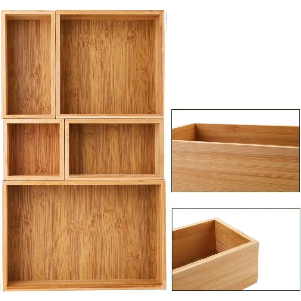5 Bamboo Drawer Organizer Desk Storage Kit