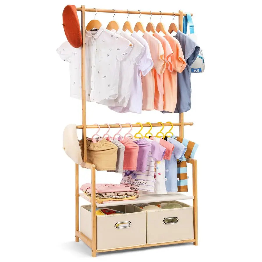Clothing Rack Bamboo with 2 Storage Baskets