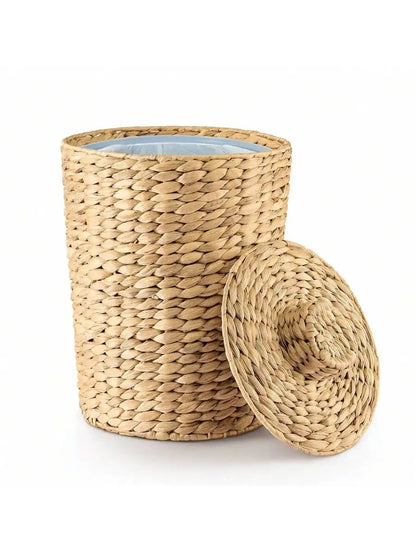 Water Hyacinth Wicker Trash Can With Lid
