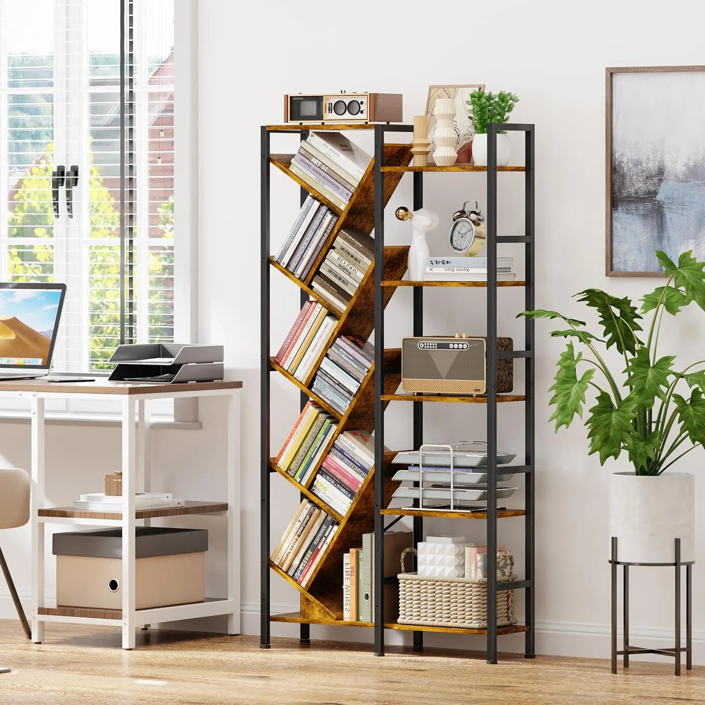 5 Tier Tree Bookshelf With Wood Shelves