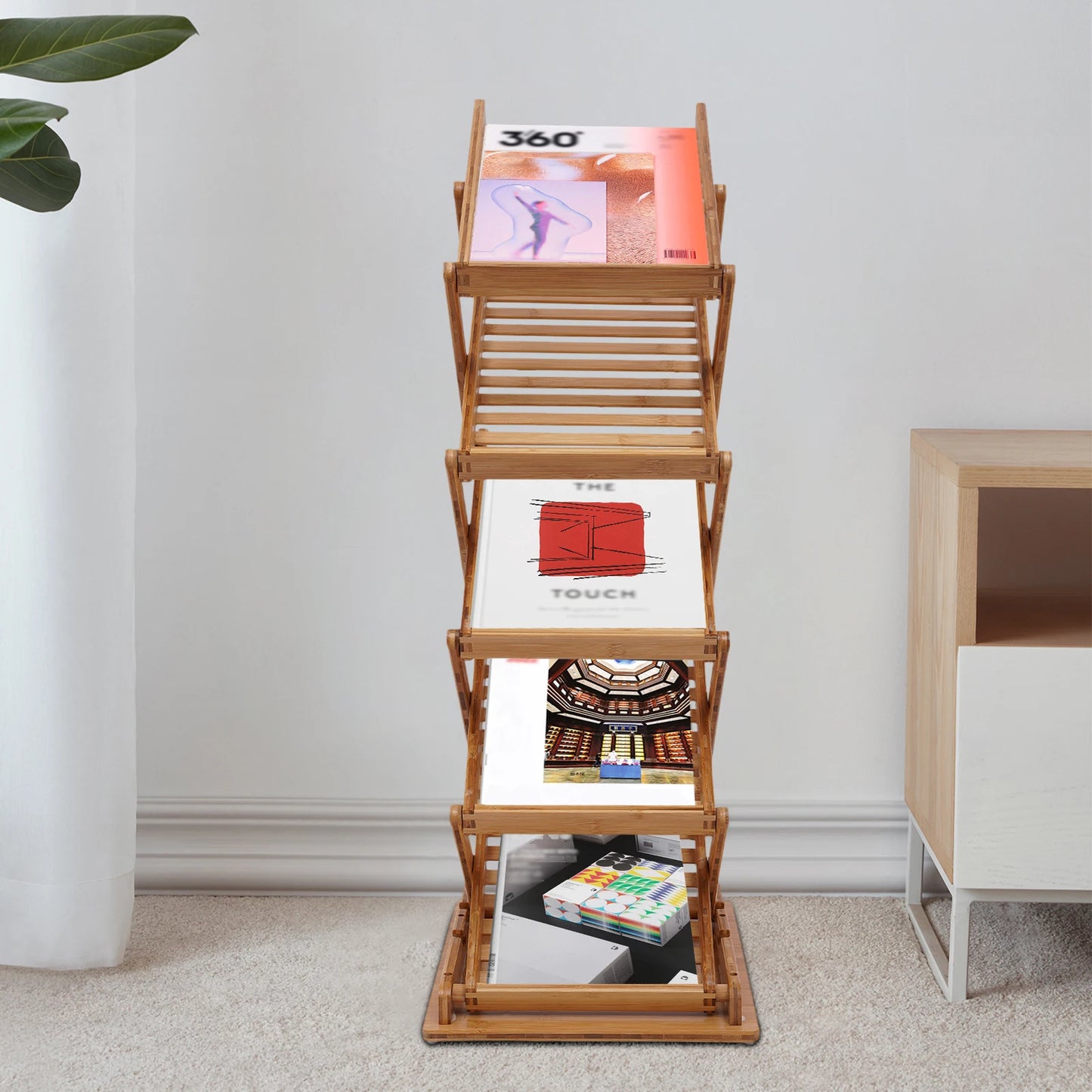 5-Tier Bamboo Floor Stand Folding Magazine Rack