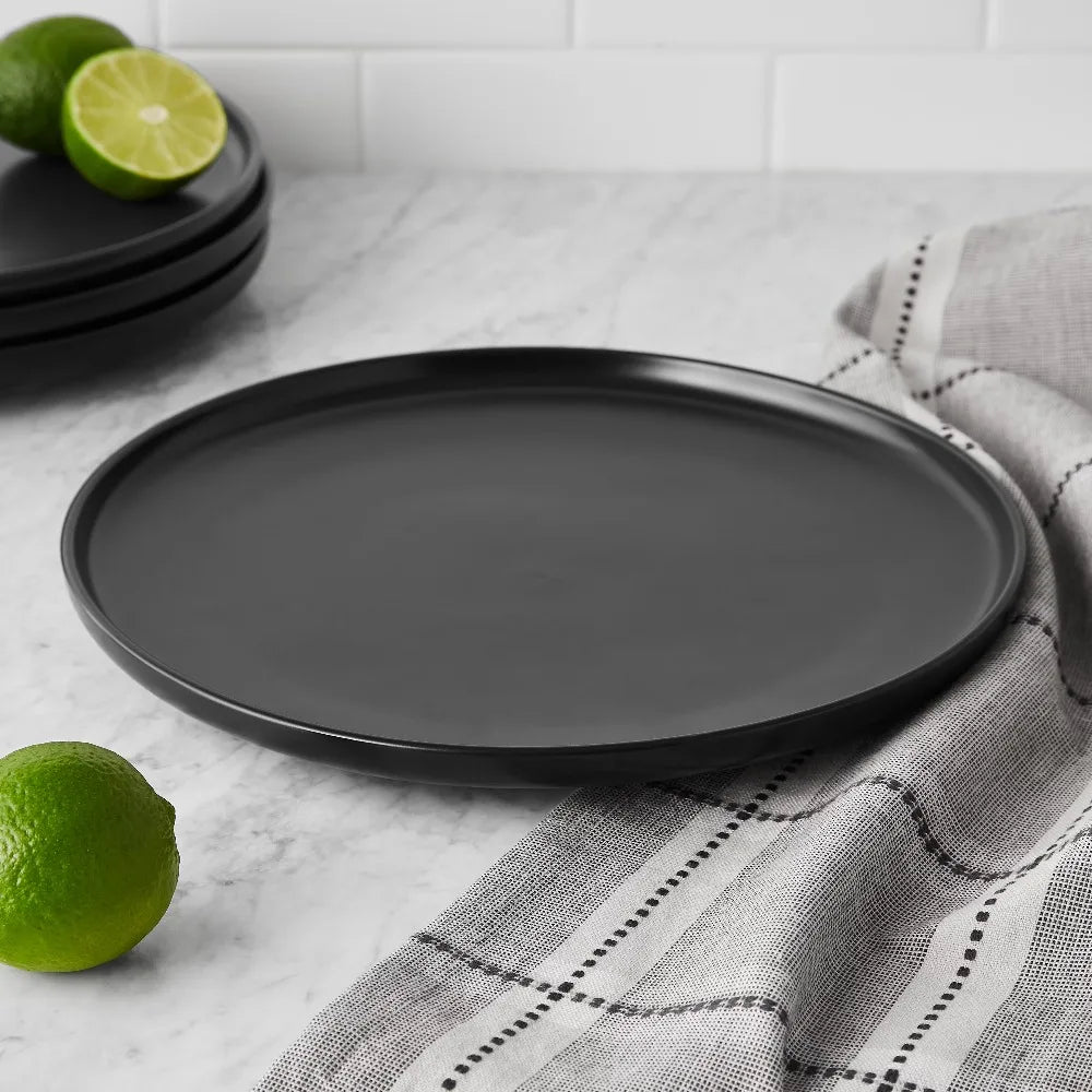 Matte Black Stoneware 4-Piece Dinner Plate Set