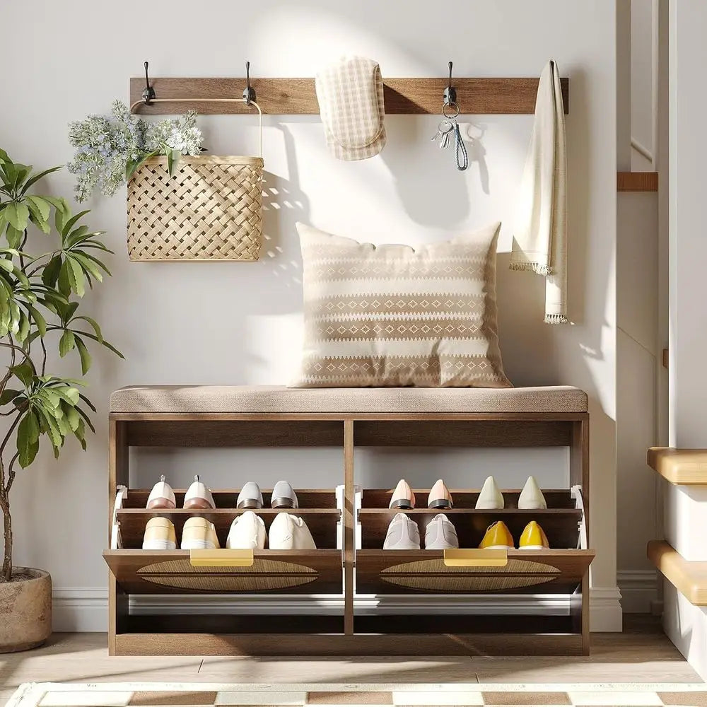 Rattan Entryway Bench with Seat Cushion & Coat Rack