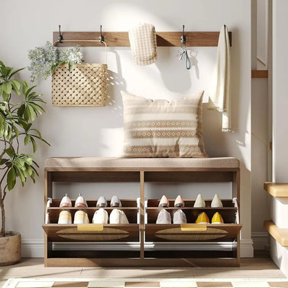 Rattan Entryway Bench with Seat Cushion & Coat Rack