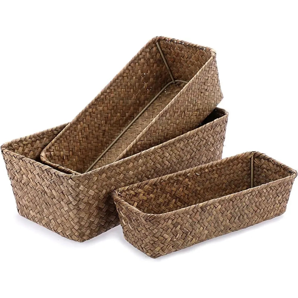 3 Natural Wicker Basket Set Handwoven Seagrass