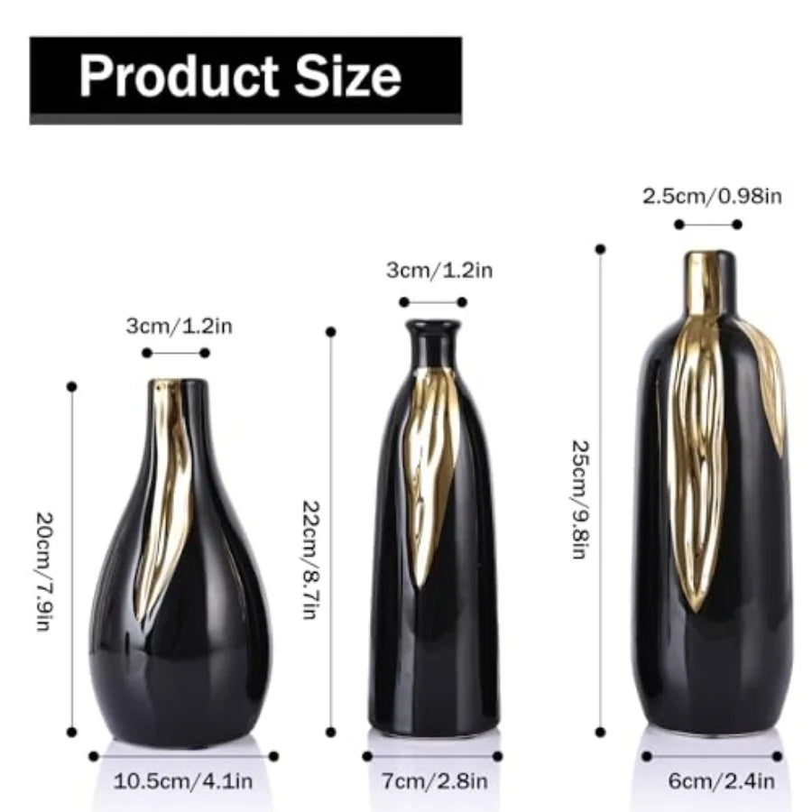 Ceramic Vase 3 Pcs Set Gold and Black