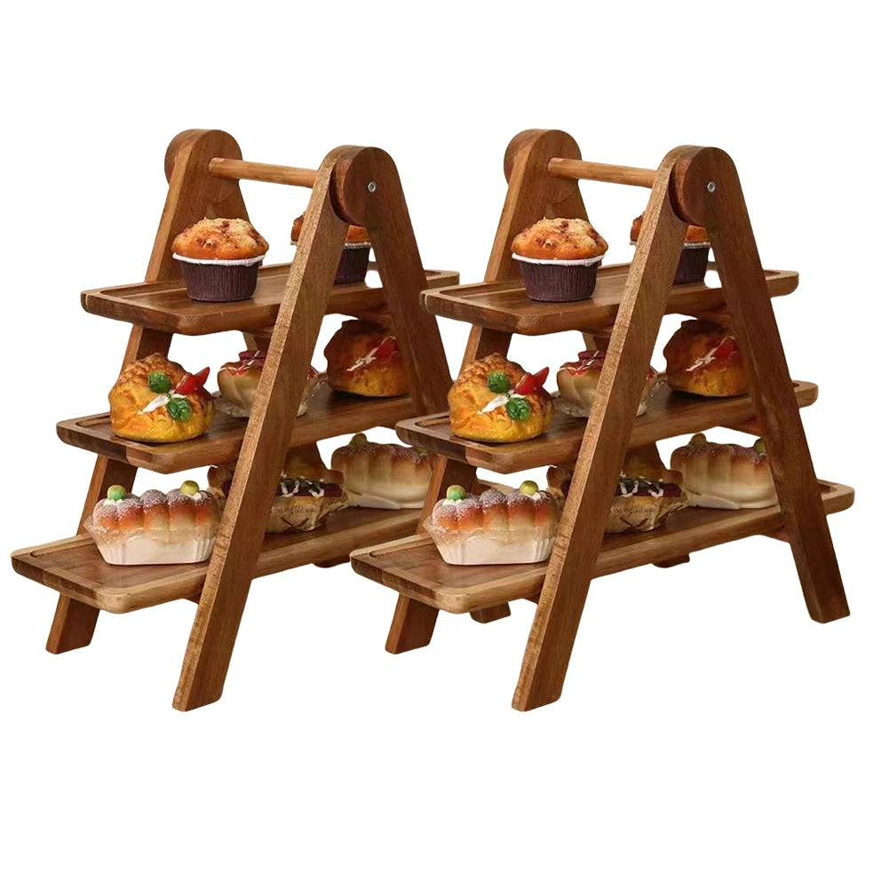 2Pcs Wooden Serving Platter 3 Tier Serving Tray