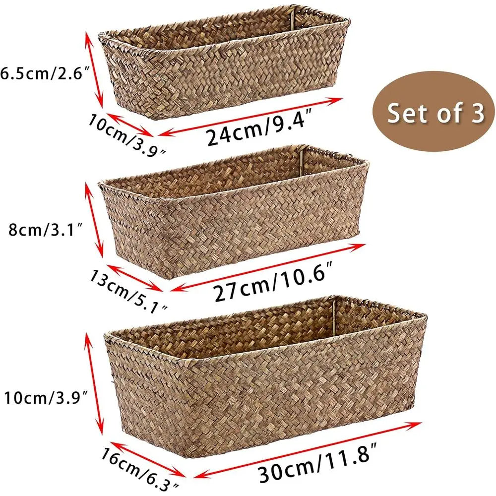 3 Natural Wicker Basket Set Handwoven Seagrass