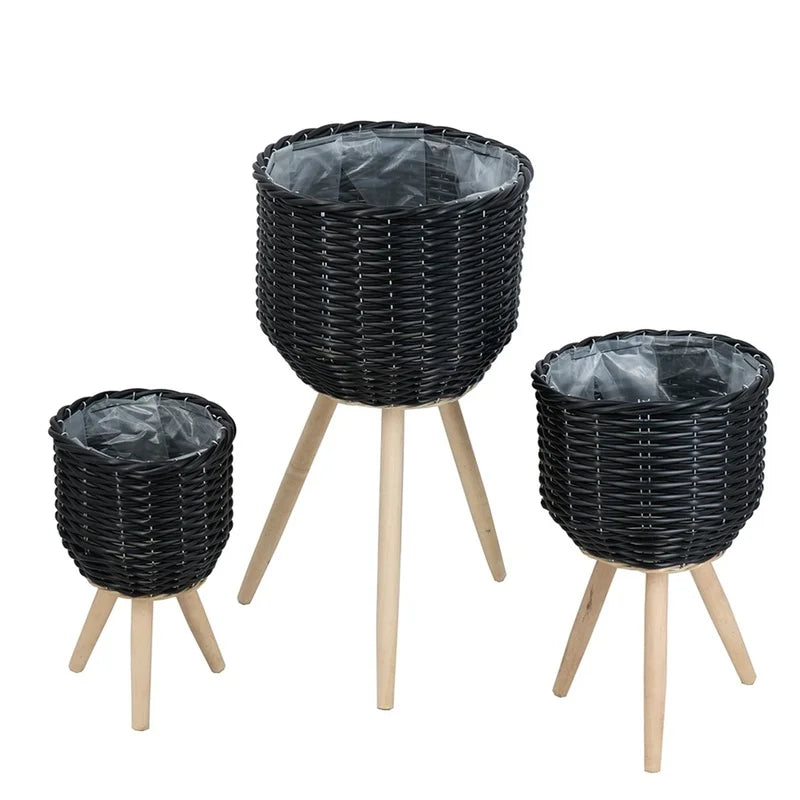 3 Black Poly Rattan Baskets with Rope Texture