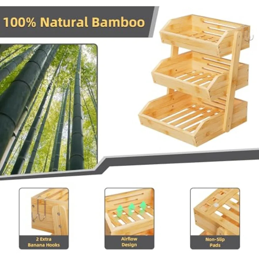 Bamboo 3 Tier Fruit Basket For Counter