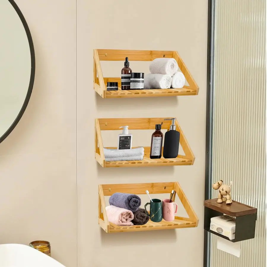 3 Pcs Bamboo Wall Mounted Hanging Storage Shelves