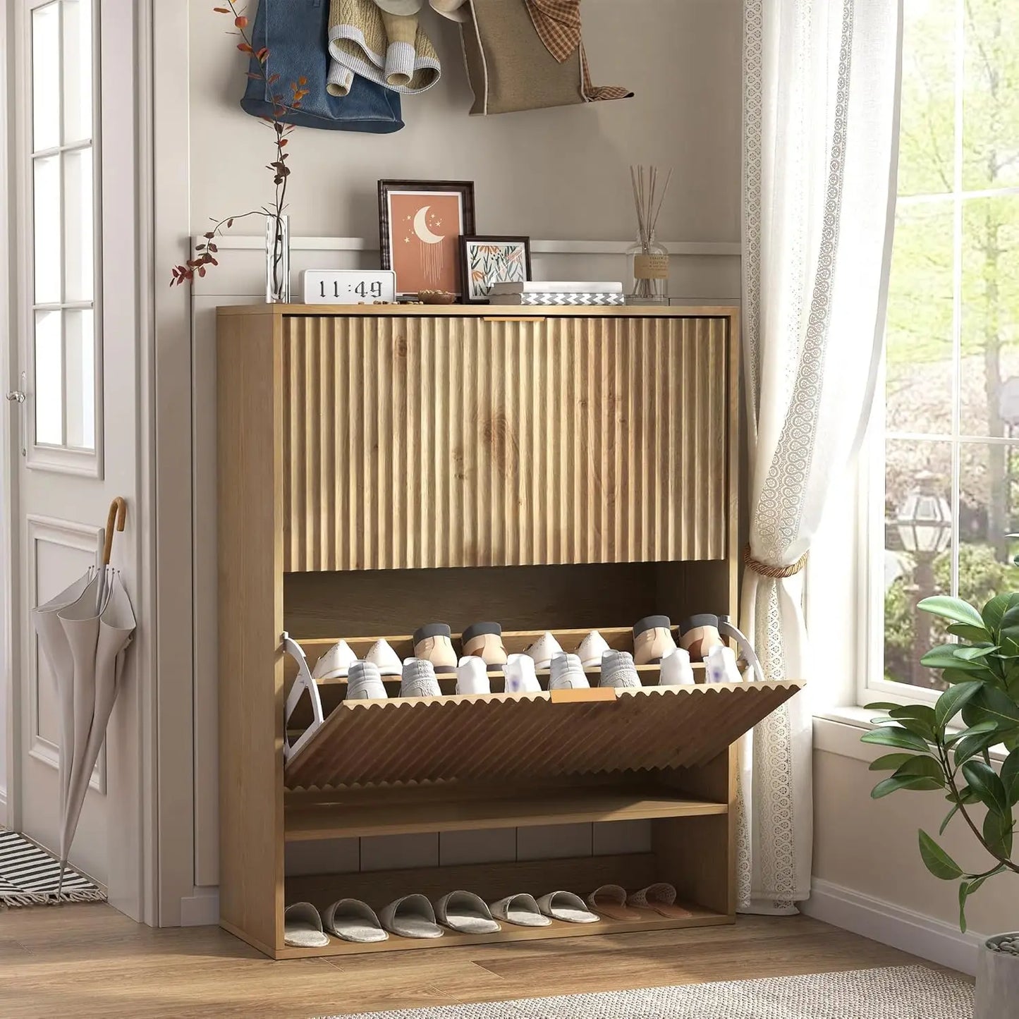 Slim Fluted Shoe Cabinet with 2 Flip Drawers