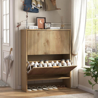 Slim Fluted Shoe Cabinet with 2 Flip Drawers
