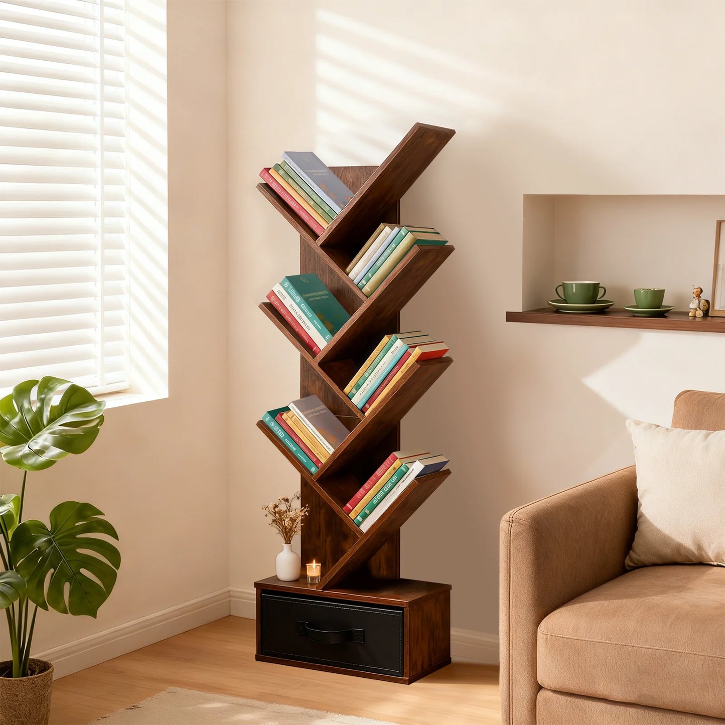 7-Tier Tree Bookshelf with Drawer