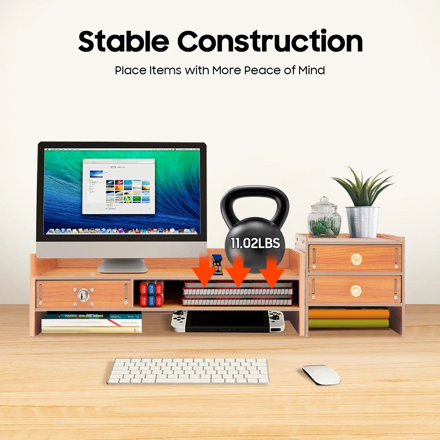 Wooden Computer Monitor Stand with Lockable Drawer