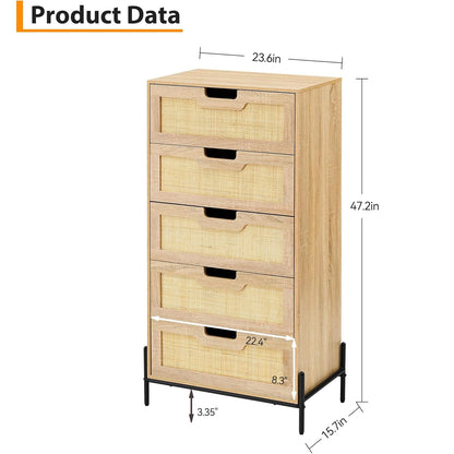 47 Inch Tall Rattan 5-Drawer Dresser