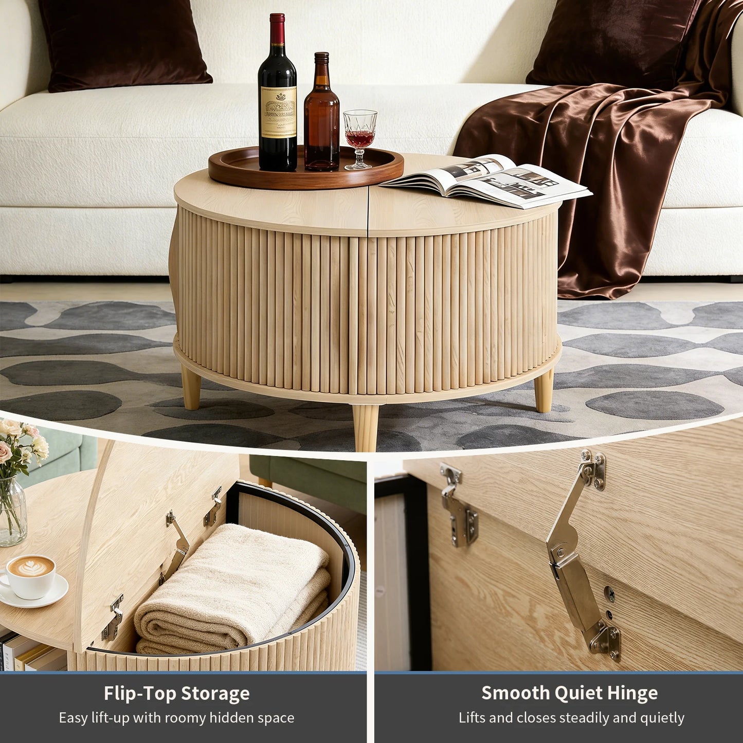 31IN Round Coffee Table with Flip-Top Storage