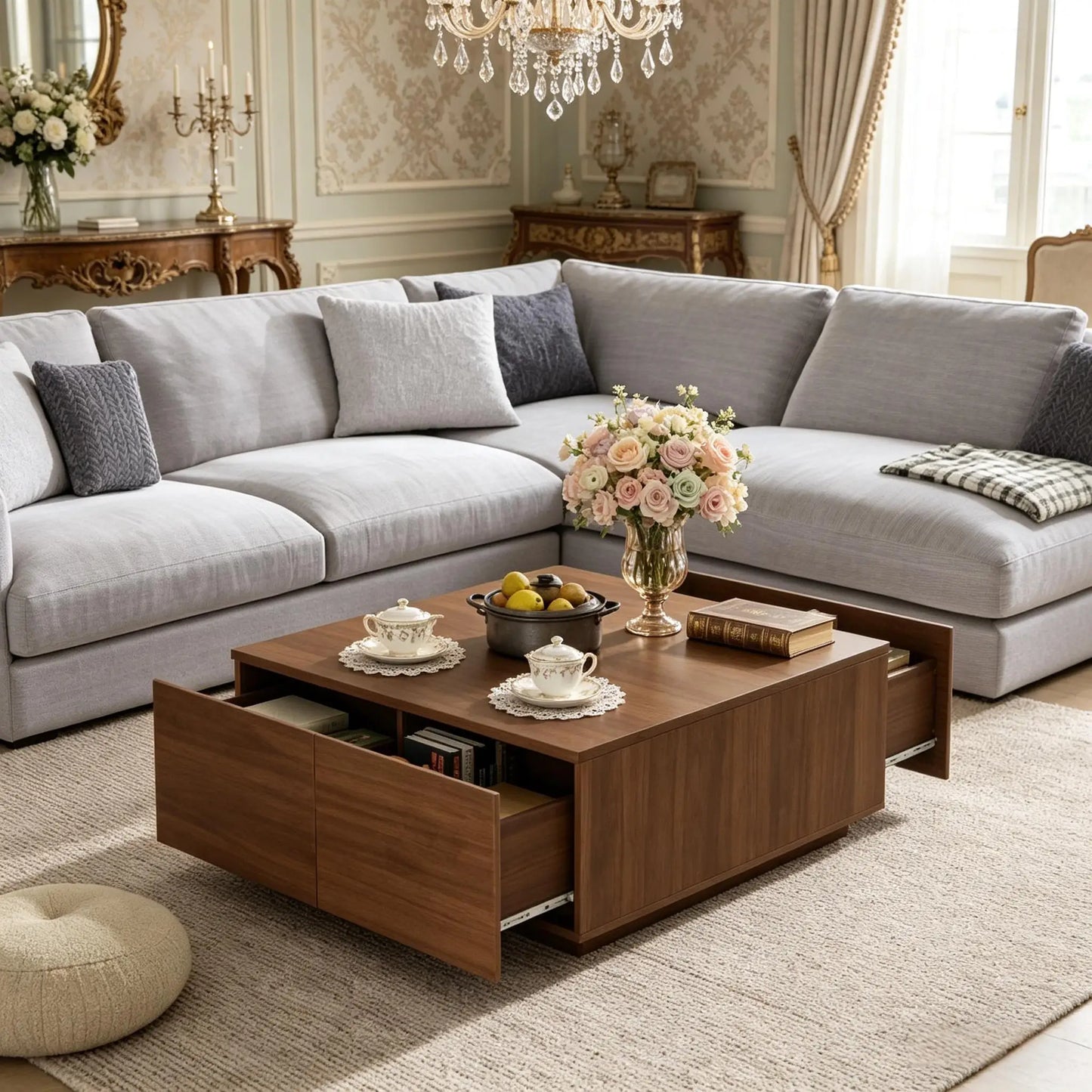 Square Coffee Table with 4 Drawers