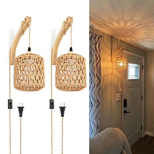 Set of Two Hand-Woven Lamps with Cord Rattan