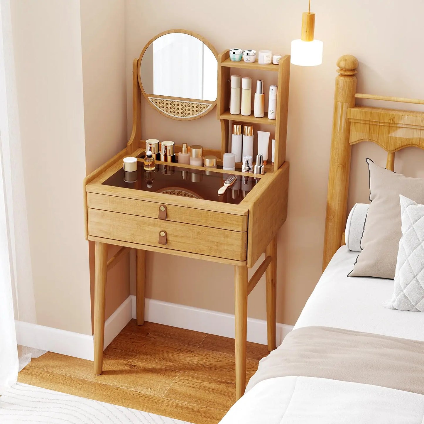 Bamboo Dressing Table With Stool Rotating Mirror