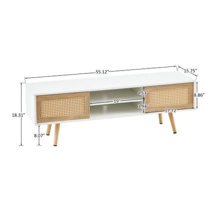 55.12-inch Rattan TV Cabinet Double Sliding Door Storage