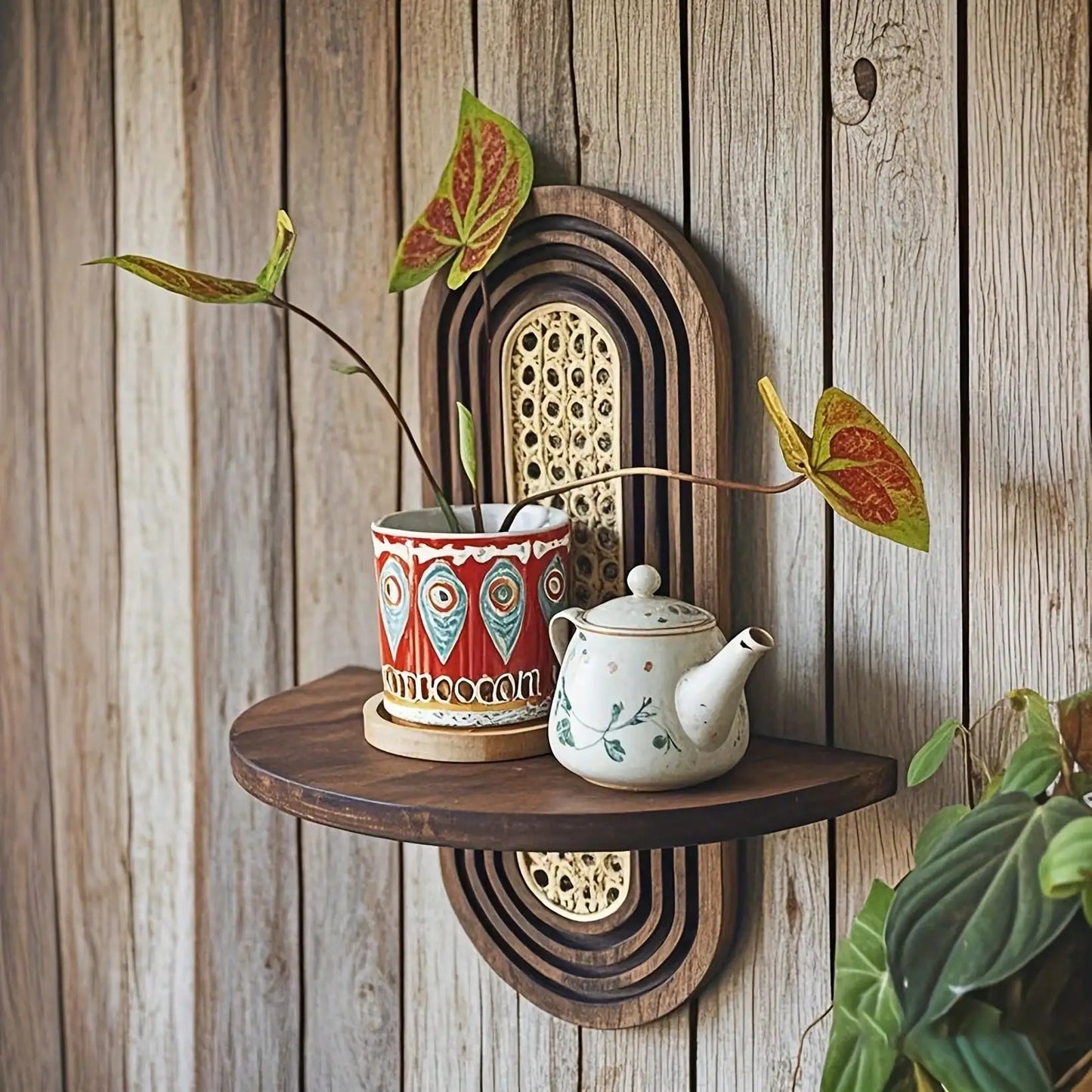 1pc Arched Bohemian Wood Rattan Floating Shelf