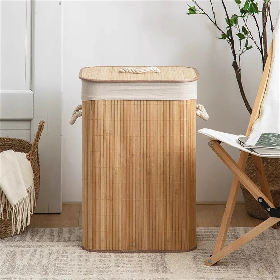 Bamboo Foldable Storage Basket Large Laundry Organizer