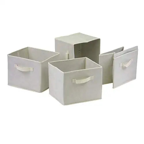 Four-Compartment Wooden Shelf With Foldable Fabric Baskets