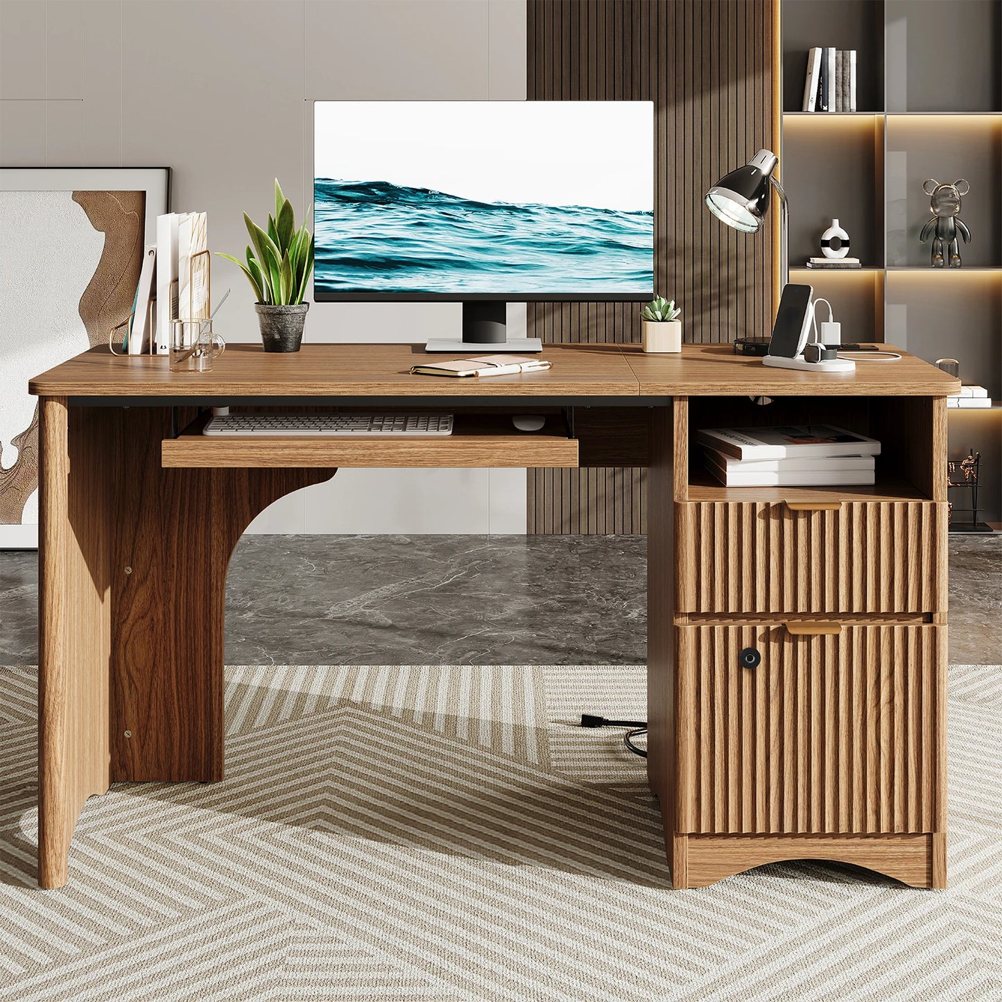 Office Desk with File Drawer & Charging Station