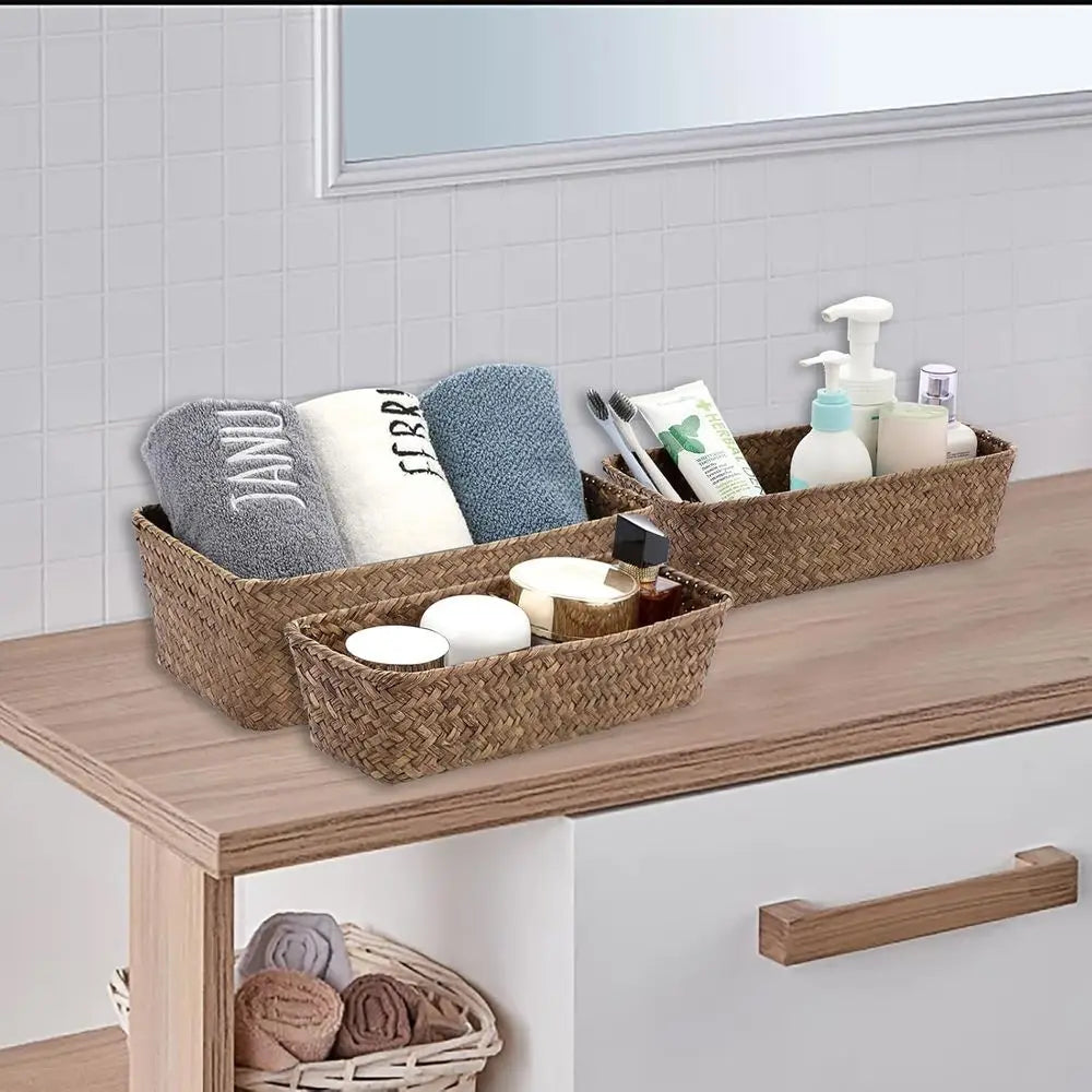3 Natural Wicker Basket Set Handwoven Seagrass