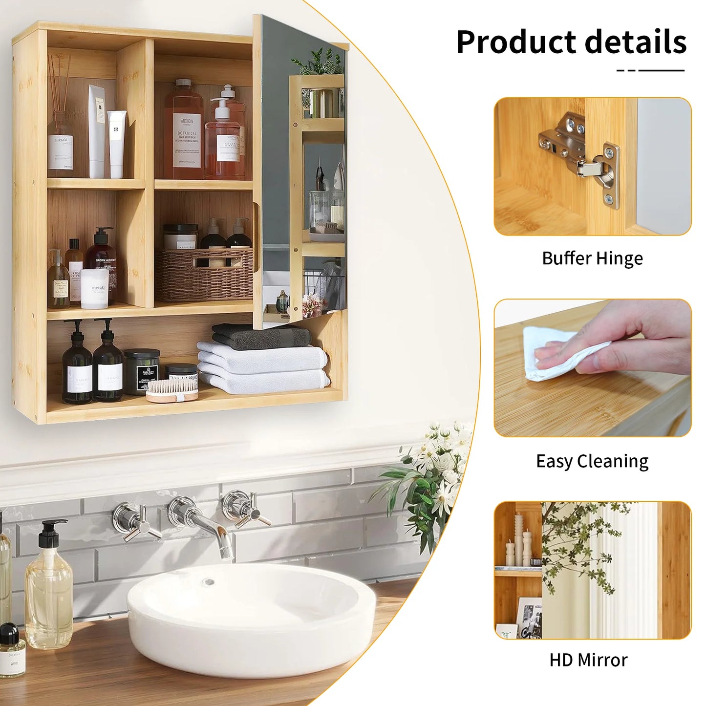 Natural Bamboo Bathroom Vanity Mirror Cabinet