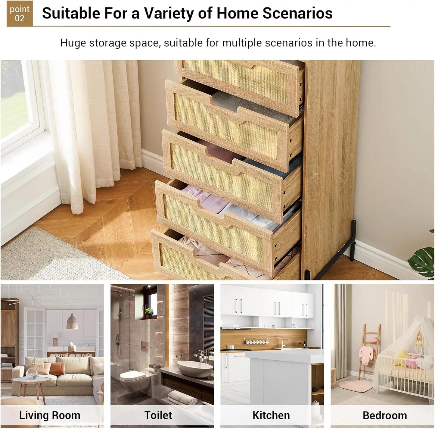 47 Inch Tall Rattan 5-Drawer Dresser