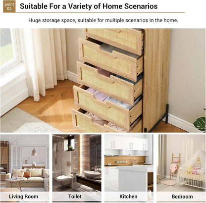 47 Inch Tall Rattan 5-Drawer Dresser