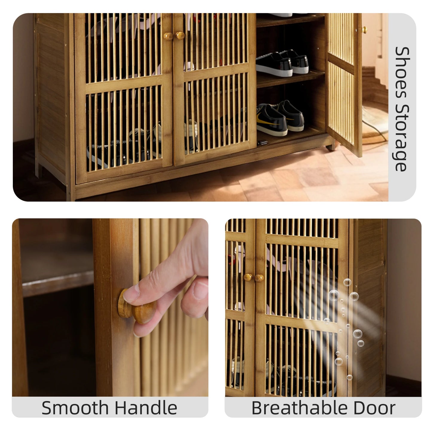 4 Tier Bamboo Shoe Storage Rack with 3 Hollow Doors