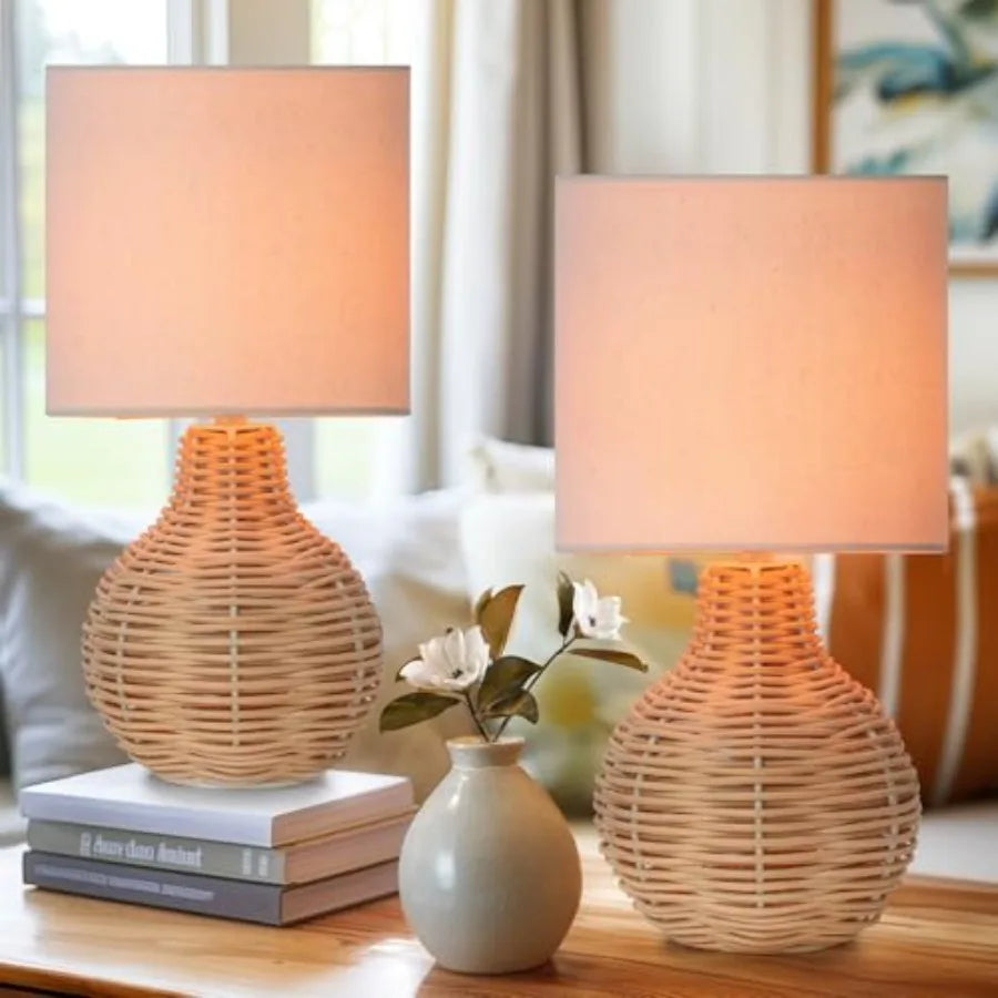 Vintage Wicker Wooden Nightstand Lamp