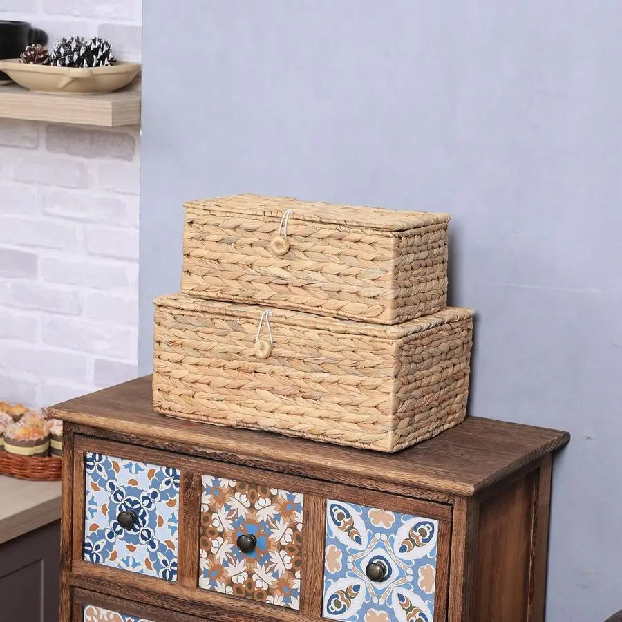2 Rectangular Wicker Storage Bins with Lid