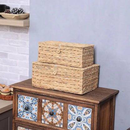 2 Rectangular Wicker Storage Bins with Lid
