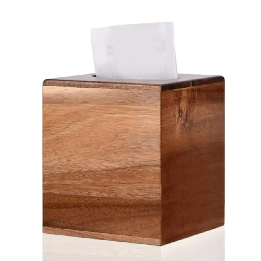 Acacia Wood Tissue Box Holder with Slide-Out Bottom