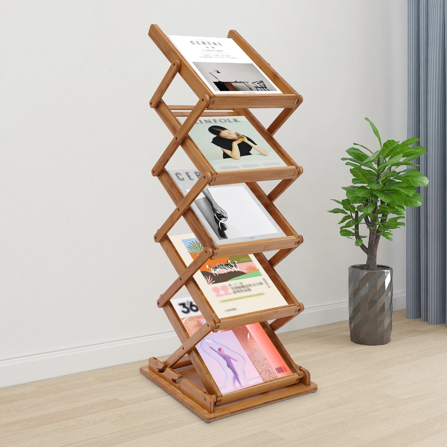 5-Tier Bamboo Floor Stand Folding Magazine Rack