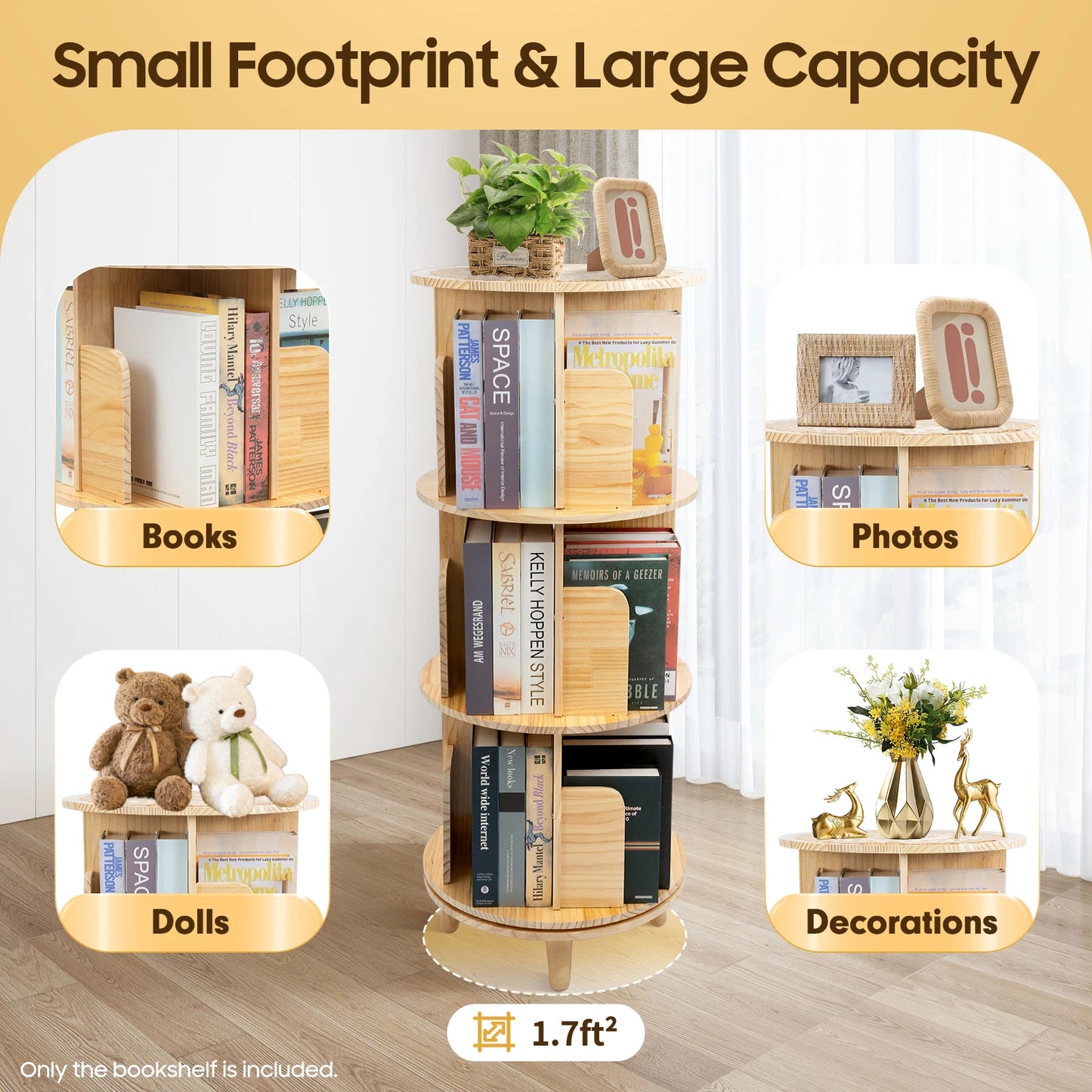 Wooden Bookcase Rotatable Stand Multifunctional Showcase Organizer