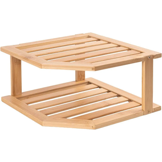 2 Tier Bamboo Corner Shelf for Kitchen Cabinet