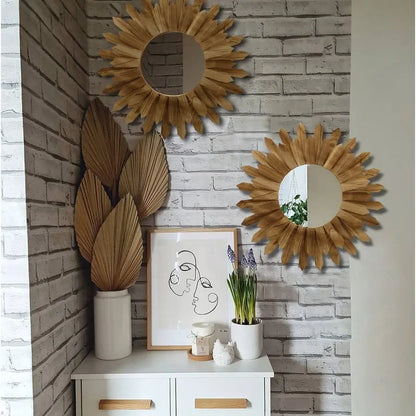 2 Pack 22 Inch Boho Wall Sunburst  Round Wood Mirror
