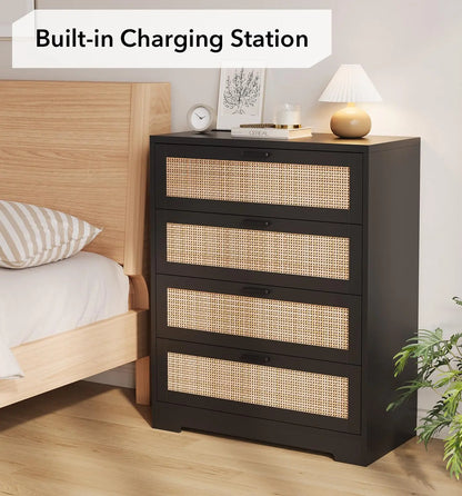 4 Drawer Wooden Rattan Dresser