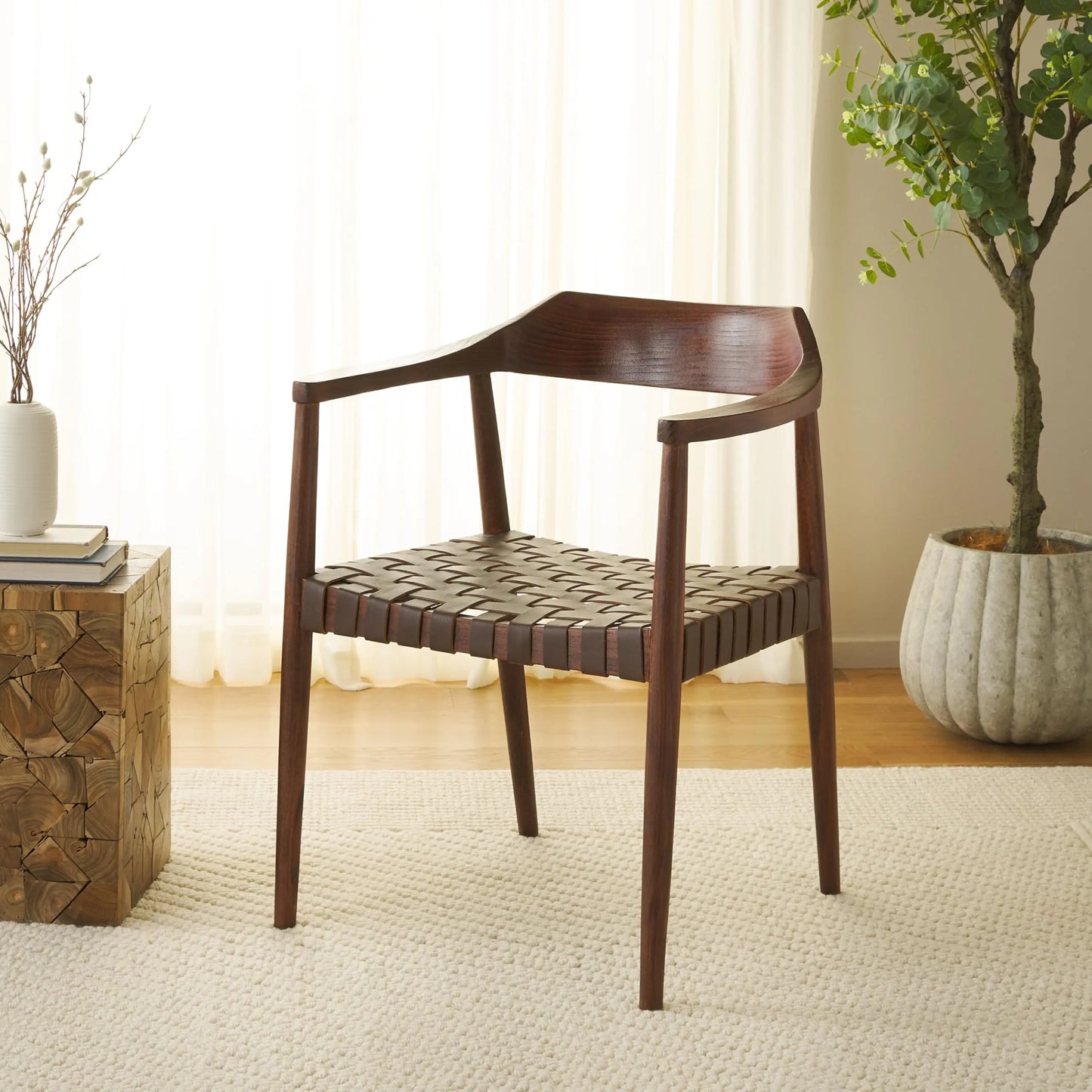 Walnut Solid Wood Armchair Leather Seat