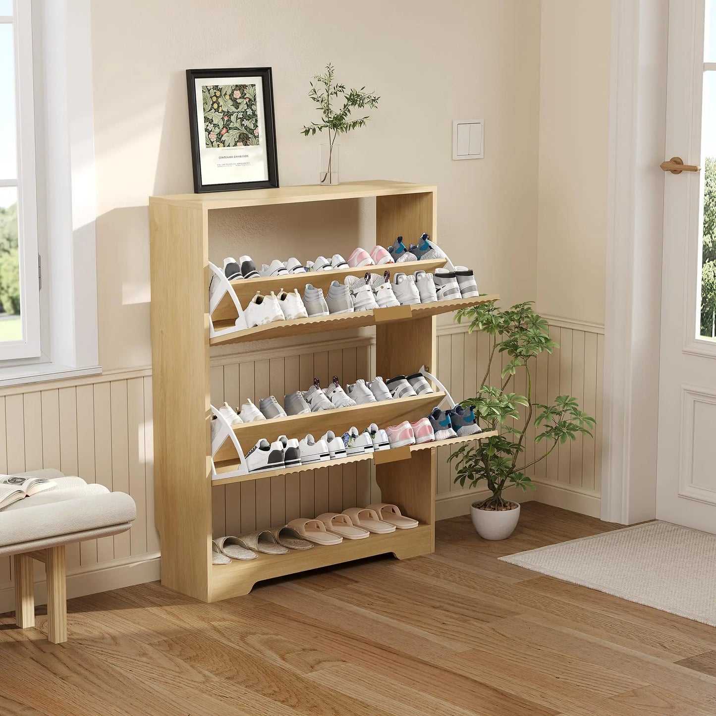 Narrow Shoe Storage Cabinet With 2 Flip Drawers