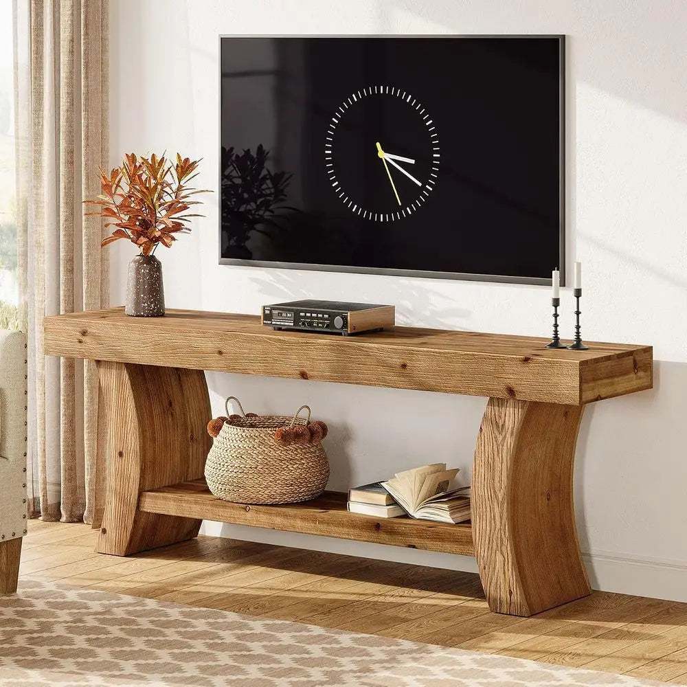 Solid Wood TV Stand Low Entertainment Center with Storage