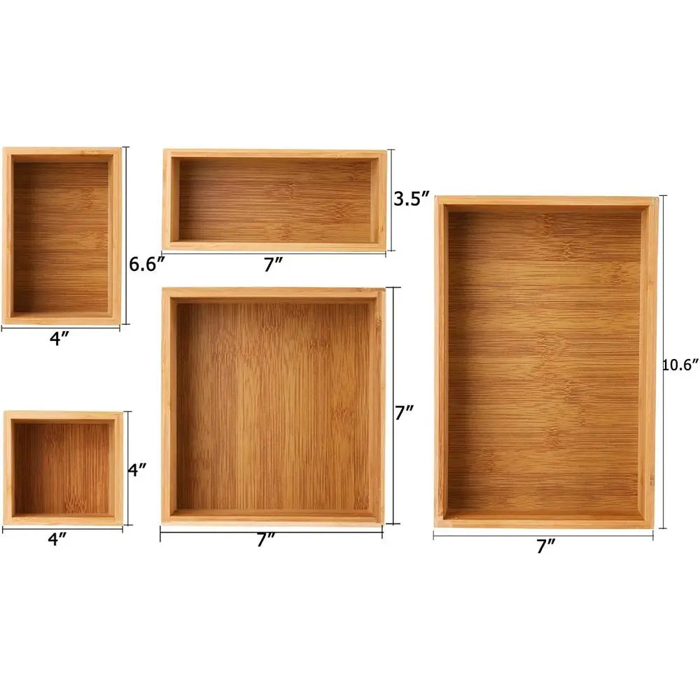 5 Bamboo Drawer Organizer Desk Storage Kit